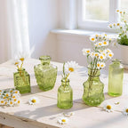 Embossed Bud Vases Set of 24, Vintage Flower Vase Green Glass Mini Vases for Centerpieces, Decorative Small Vase Bulk for Flowers, Wedding Table Decorations, Party, Baby Shower, Home Decor,