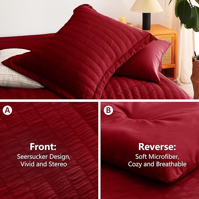 CozyLux Full Size Comforter Sets with Sheets Seersucker 7 Pieces Dark Red Bed in a Bag Textured Luxury Soft Bedding Set with Down Alternative Comforter, Sheets, Pillowcases & Shams for All Seasons