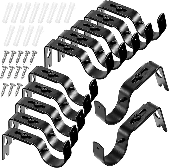 Frienda 12 Pcs Curtain Rod Brackets Adjustable Holder Wall for 1 Inch Diameter Curtain Rod General Bracket Hooks with Screws (Bright Black)