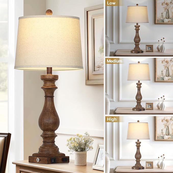29" Tall Farmhouse Table Lamp for Living Room Set of 2,Vintage Retro Nightstand Lamps with USB C+A Ports & AC Outlet,3-Way Dimmable Touch Bedside Lamp for Bedroom Side Table,Brown