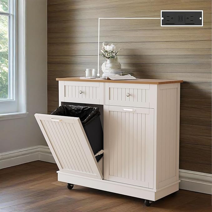 20 Gallon Tilt Out Trash Cabinet, Wooden Kitchen Trash Can Cabinet with Hideaway Drawer, Freestanding Laundry Hamper Garbage Recycling Cabinet on Wheels, Pet Proof, Double, White