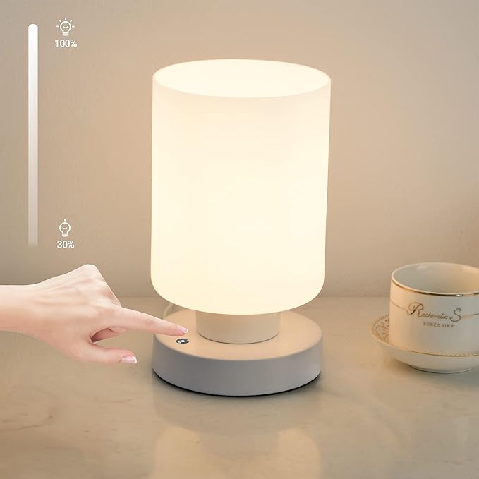 Cordless Bedside Lamp, Portable Rechargeable Table Lamps for Bedroom for Night Stands, Touch Stepless Dimmable Desk Lamp, Warm LED Bulb, Cylindrical Shape, 1 Set, White