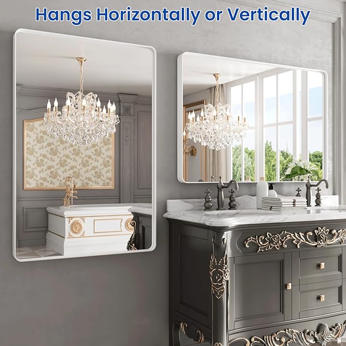 WEER White Bathroom Mirror 48X32 Inch, Rounded Rectangle White Metal Frame Mirror, Matte White Bathroom Vanity Mirror with Tempered Glass, Anti-Rust, Hangs Horizontally or Vertically
