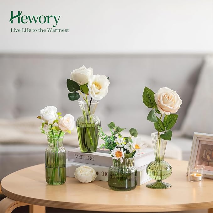 Hewory Small Ribbed Glass Bud Vases Set of 8 Green Flower Vase Centerpieces - Modern Minimalist Cute Mini Decorative Bulk Vases for Wedding Bridal Shower Birthday Party Events Dining Room Table Decor