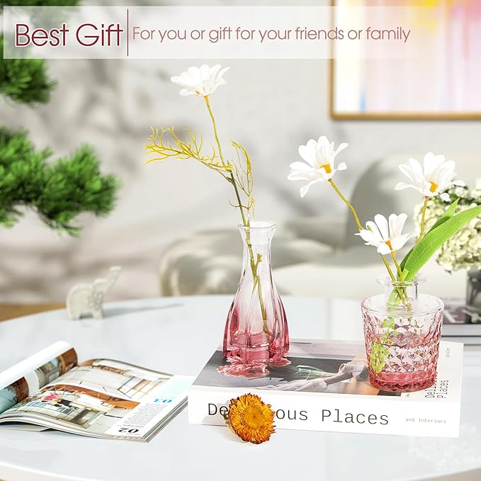 Pink Glass Bud Vases Set of 12, Vintage Mini Vases for Centerpieces, Glass Bud Vase in Bulk for Wedding Decor, Single Flowers, Office and Home Table Flower Décor