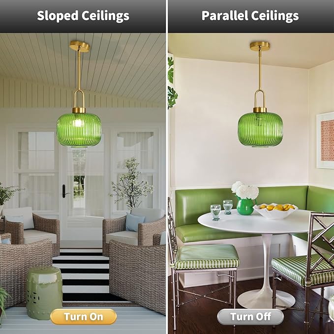 Modern Green Glass Pendant Light Fixtures, Mid Century Pendant Lights for Kitchen Island, 9.8" Gold Adjustable Height Ceiling Hanging Light Fixtures for Dining Room Entryway Bedroom Foyer Hallway
