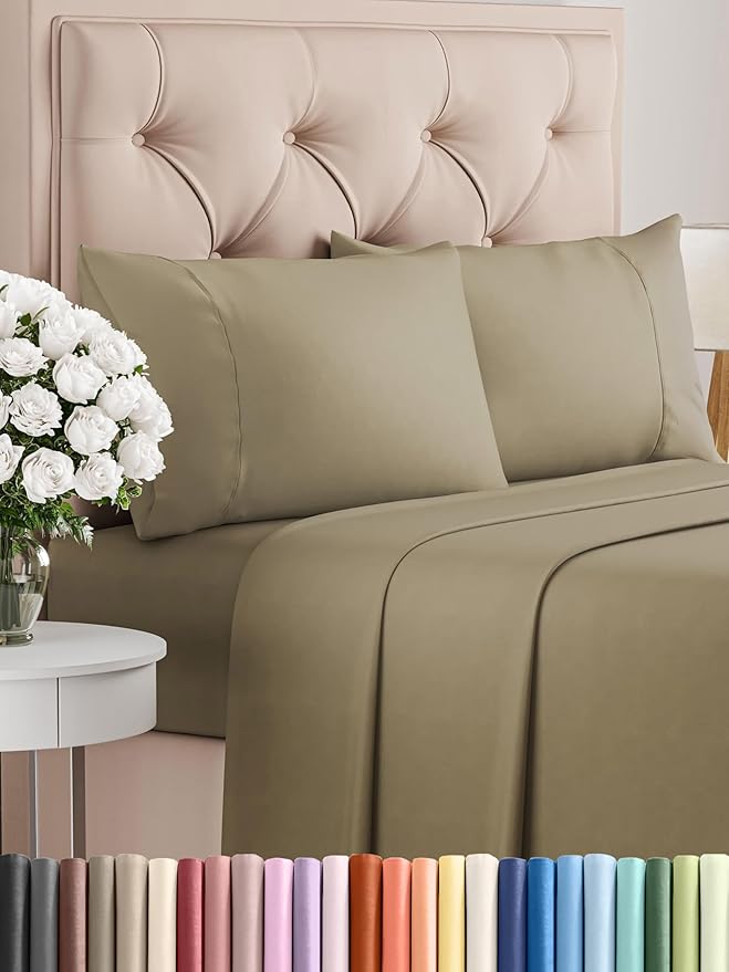 Twin XL Sheets Set 4 Piece - Includes 2 Pillowcases - Bed Sheets Twin XL Size - Soft Hotel Luxury Bedding - Cooling, Comfy and Breathable - 1 Flat & 1 Fitted & 2 Pillowcases w/ Deep Pockets - Khaki