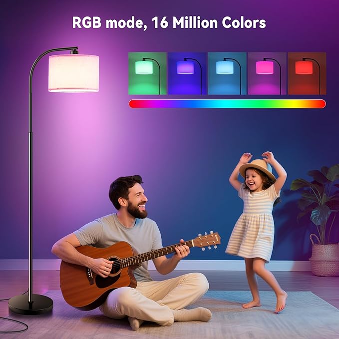 Floor Lamp for Living Room with Remote,Dimmable Tall Standing Lamps,Modern Floor Light with Smart RGB Bulb,App Control,3 Color Temperatures,Fabric Shades,Gold Floor Lamp for Bedroom Office Corner