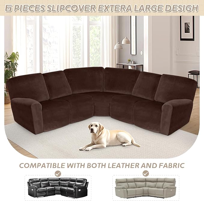Arfntevss Sectional Recliner Couch Covers Velvet Corner Sectional Sofa Cover for Reclining Couch Stretch Soft L Shape Recliner Slipcover Thick U Shaped Washable Protector (5 Seat Cover, Dark Brown)