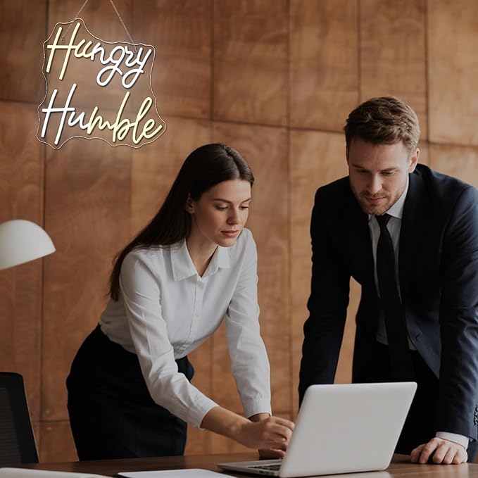 WLHOPE Hungry Humble Neon Sign Dimmable Led Signs for gym Wall Decor, Neon Lights USB Powered Transparent Acrylic Board Sign for office classroom bedroom Decoration14.17 * 12.6 inch