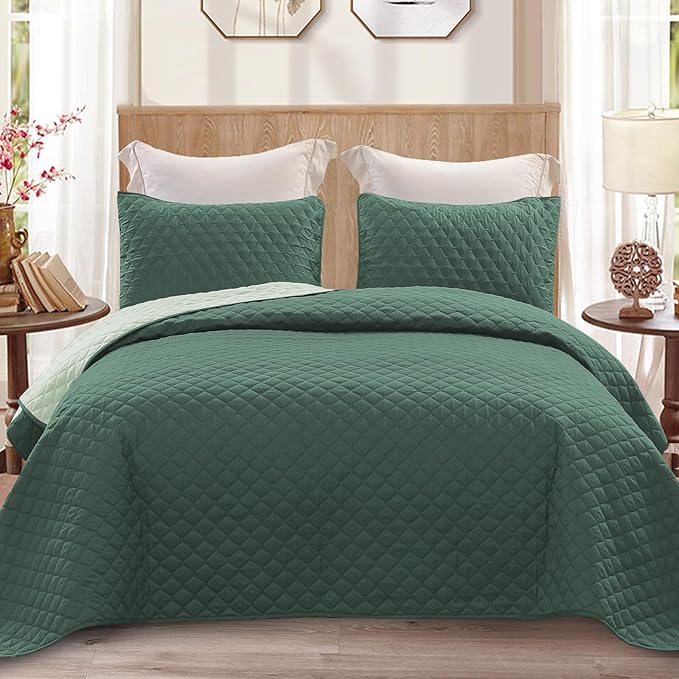 Exclusivo Mezcla Reversible Twin Quilt Bedding Set with Pillow Sham, Lightweight Quilts Twin Size, Soft Bedspreads Bed Coverlets for All Seasons - (Dark Green, 68"x88")