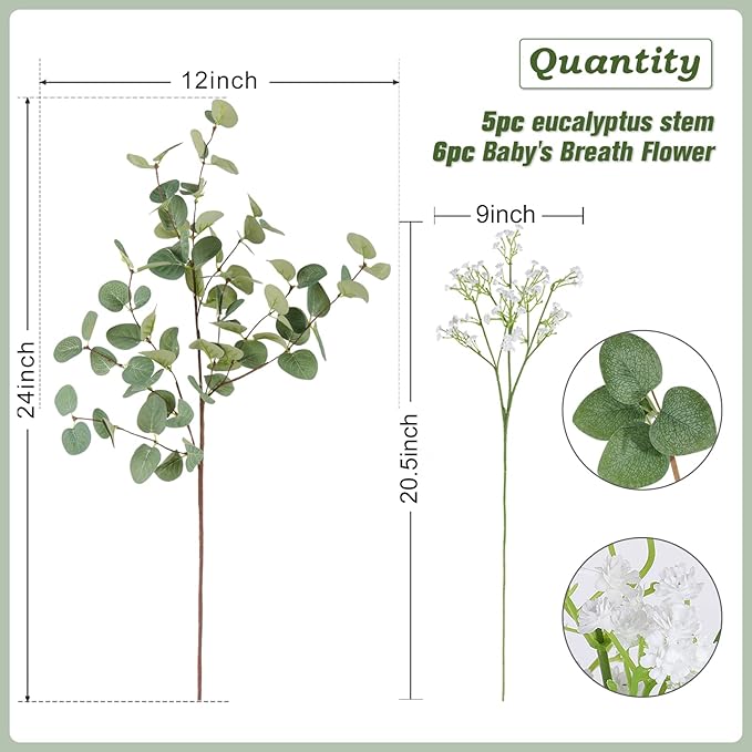 5pcs Eucalyptus Stems & 6pcs Babys Breath Artificial Flowers Faux Greenery Bouquets for Wedding Table Centerpiece Home Decor