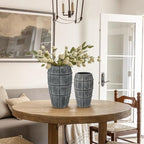 Briful Rustic Terracotta Flower Vase for Home Decor 12" Blue Farmhouse Textured Barrel-Style Ceramic Vase Vintage Handcrafted Gridded Design for Faux & Dried Flowers Living Room Table Centerpiece