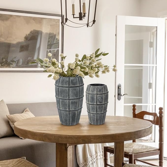 Briful Rustic Terracotta Flower Vase for Home Decor 12" Blue Farmhouse Textured Barrel-Style Ceramic Vase Vintage Handcrafted Gridded Design for Faux & Dried Flowers Living Room Table Centerpiece