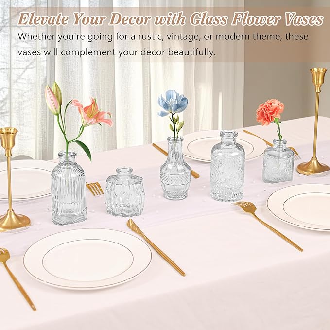 Set of 40 Glass Bud Vases, Small Clear Glass Vases in Bulk, Mini Vintage Embossed Flower Vase for Wedding, Centerpieces, Birthday Party, Baby Shower, Home Table Decorations (Clear)