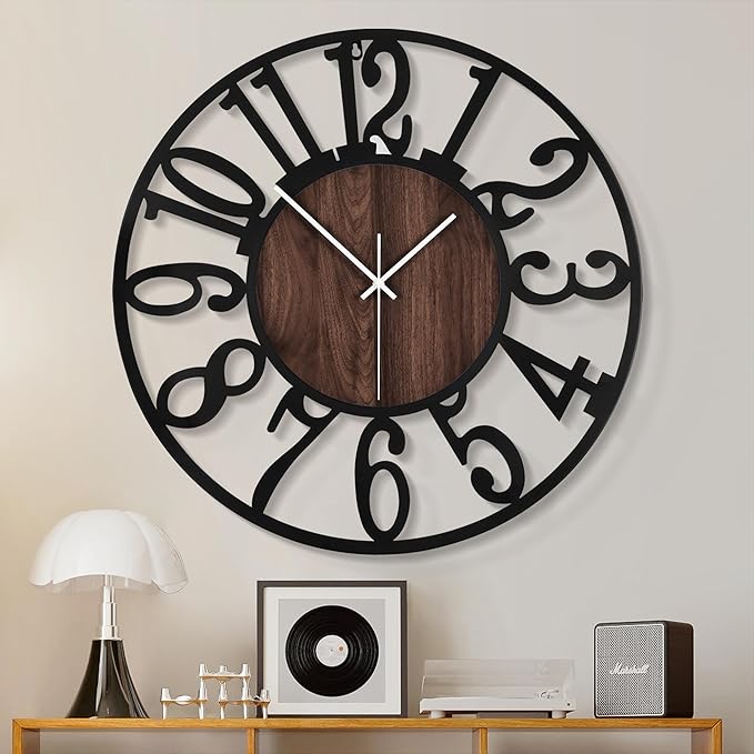 1st owned Large Wall Clock for Living Room Decor- 24" Decorative Antique Silent Non Ticking,Battery Operated,Black Metal,Wood Clocks for Farmhouse,Dining Room,Bedroom,Kitchen - Arabic Numerals