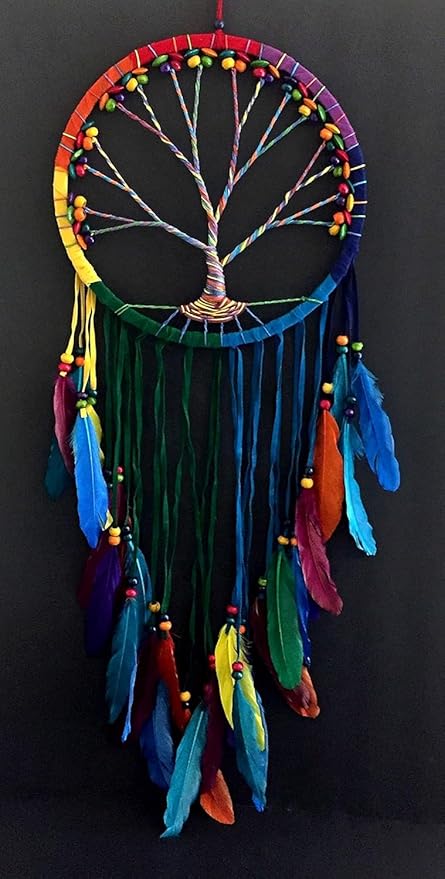 OMA Dream Catcher, Tree of Life Design with Feathers & Beads, White Suede Authentic Traditional Dream Catcher Boho Home Decor Bedroom Decoration Gift - Large Size - 36" Long (Rainbow Chakra)