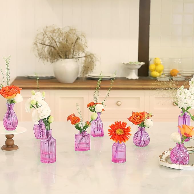 24PCS Bud Vases for Decor Cool Hot Pink Small Glass Flower Vase in Bulk Wedding Centerpieces Bridal Shower Decorations for Women