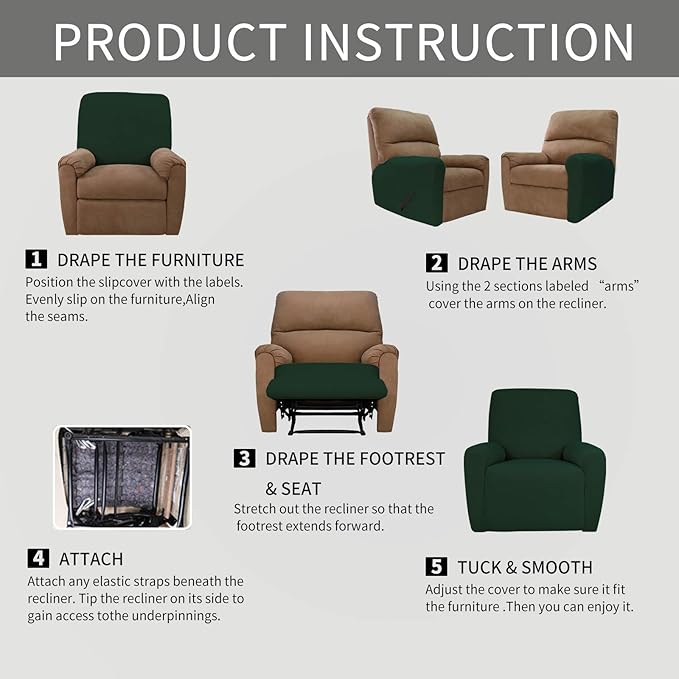 Easy-Going 4 Pieces Oversized Recliner Stretch Sofa Slipcover Sofa Cover Furniture Protector Couch Soft with Elastic Bottom,Polyester Spandex Jacquard Fabric Small Checks Dark Green