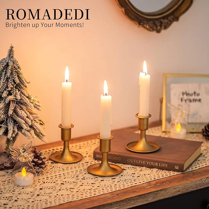 Candlestick Holders Taper Candle Holders, Romadedi Gold Candle Stick Candle Holder for Table Centerpiece, Wedding Reception, Festive Christmas Mantel Decoration or Home Decor, Set of 6