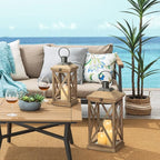 Glitzhome Mondern Farmhouse Wood Metal Lanterns Decorative Hanging Candle Lanterns Set of 2, Natural (No Glass)