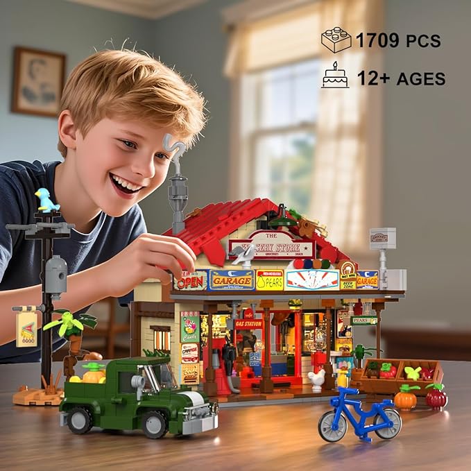 Country General Store Building Set for Adults with Lights, 1709 PCS Vintage Shop House Construction Building Block Kit, Home Decor Cabin Architecture Model for Women Men Teens Boys Girls 12+