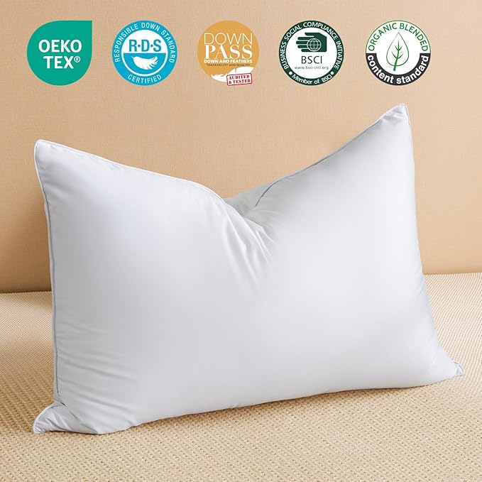Goose Feather Down Pillow Standard Size, Luxury Soft Feather Pillow for Sleeping, Smooth Down-Proof Fabric, Hotel Collection Bed Pillow Surround Fill Polyester (White, 20"x26")