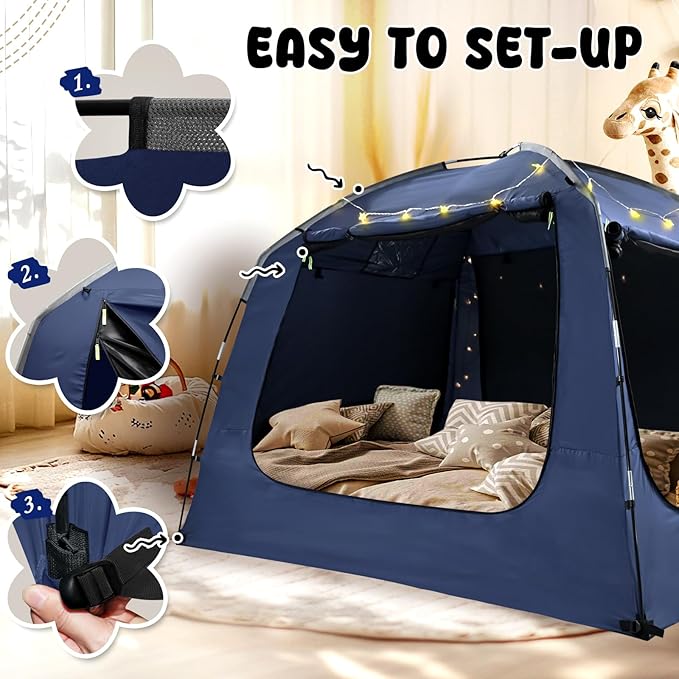 Bed Tent Bed Canopy Breathable 100% for Adult and Kids Light Reduction Sleeping Dream Tents Indoor Portable Big Space with String Light 4 Doors Twin Full Queen King Size