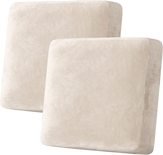 H.VERSAILTEX Velvet Stretch Couch Cushion Cover Plush Cushion Slipcover for Chair Loveseat Sofa Cushion Furniture Protector Seat Cushion Sofa Cover (2 Piece Large Sofa Cushion Covers, Ivory)