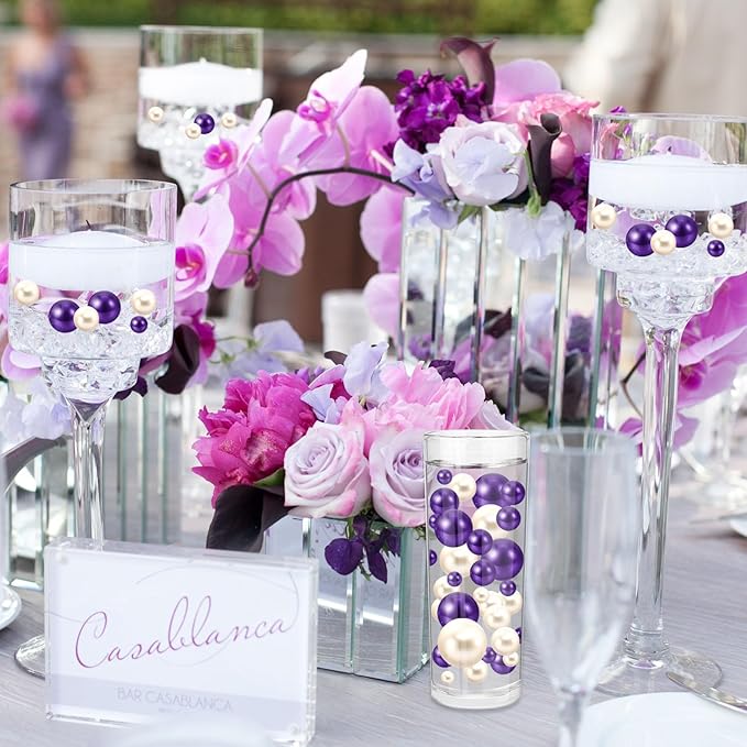 200PCS Purple White Faux Pearls Beads for Centerpiece Vases, Vase Filler Faux Pearls, No Holes Filler Beads for Party Anniversary Birthday Wedding Table Decor, 10/14/20/30mm