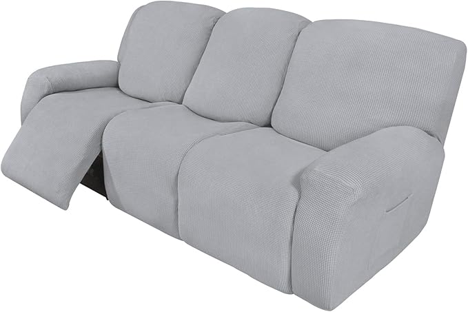 Easy-Going 8 Pieces Recliner Sofa Stretch Sofa Slipcover Sofa Cover Furniture Protector Couch Soft with Elastic Bottom Kids, Spandex Jacquard Fabric Small Checks Silver Gray