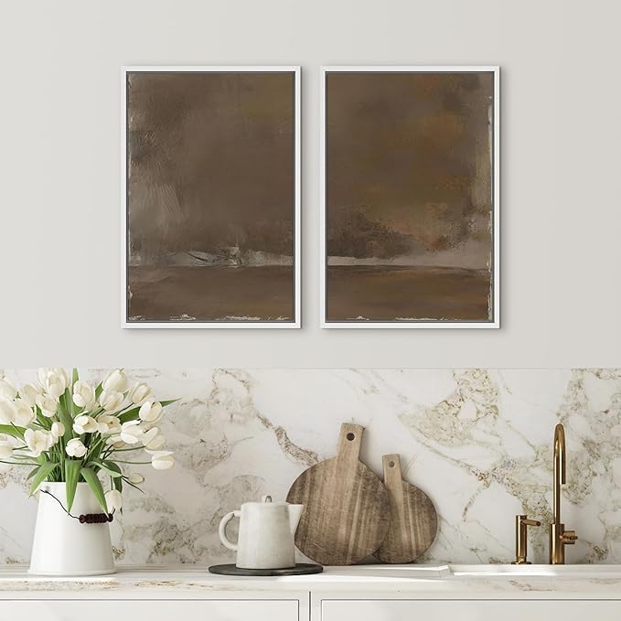 SIGNFORD Framed Canvas Print Wall Art Set Muted Earthy Abstract Landscape Illustrations Modern Art Decorative for Living Room, Bedroom, Office - 24"x36"x2 White