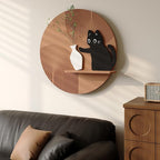 3D Textured Funny Abstract Wall Art, Black Cat and White Brown Wall Decor, Round Minimalist Artwork with Artificial Greenery, Suitable for Living Room Hallway Dining Room Bedroom Office, 24x24 In