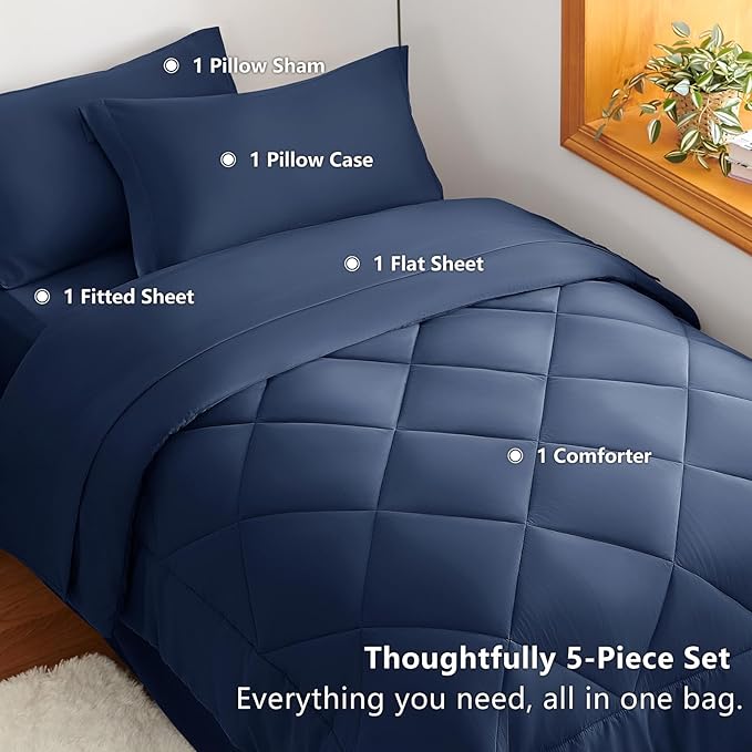 CozyLux Twin Comforter Set with Sheets Navy Blue - 5 Pieces Bed in a Bag Twin, All Season Bed Set for Girls and Boys, Bedding Set with Down Alternative Comforter, Sheets, Pillowcase & Sham
