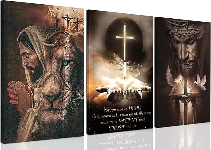 Fantasy Artists 3Pcs Jesus Wall Art, Christian Wall Decor for Biblical Room, Unframed Canvas Painting Prints, Religious Art Posters for Church Living Room Bathroom, 16" X 24"
