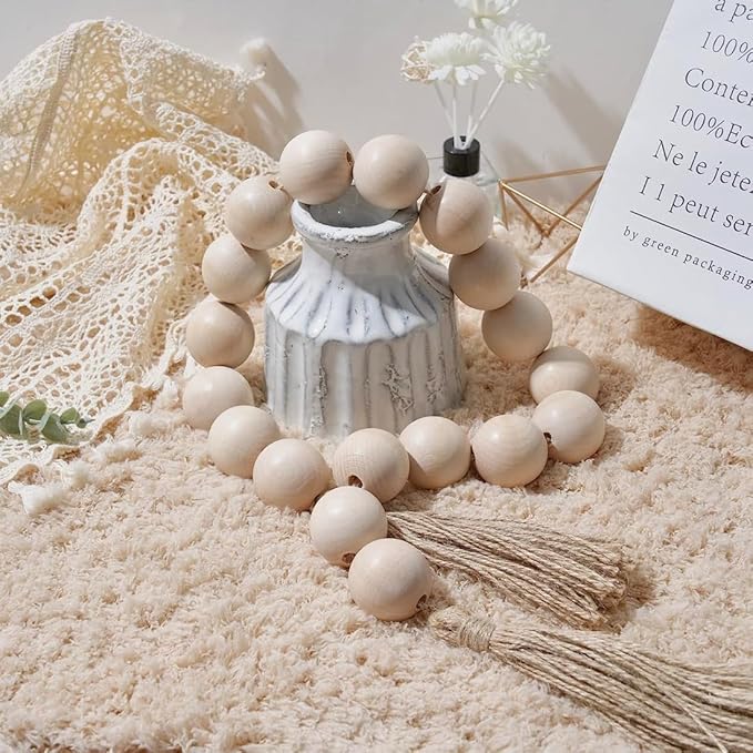 Oversized Wood Bead Decor, 1.6" Diameter Chunky Natural Wood Beads, 41" Long Farmhouse Tray with Tassels, Coffee Table farmhouse Bed decor