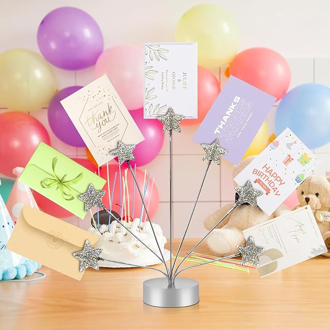 7-Branch Family Desktop Photo Tree Holder Clip Round Base, Card Picture and Memo Desk Frame Display Stand for Wedding Party Christmas Photo Clip Holder Table Numbers (Stars)