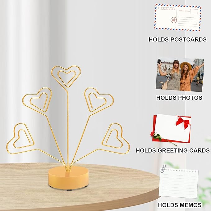 Desktop Heart-Shaped Photo Tree Style Holders Round Base,5-Branch Family Picture Frame Clips Holder Desk Card Display Stand for Christmas,Wedding, Birthday Party,Gift (Golden)