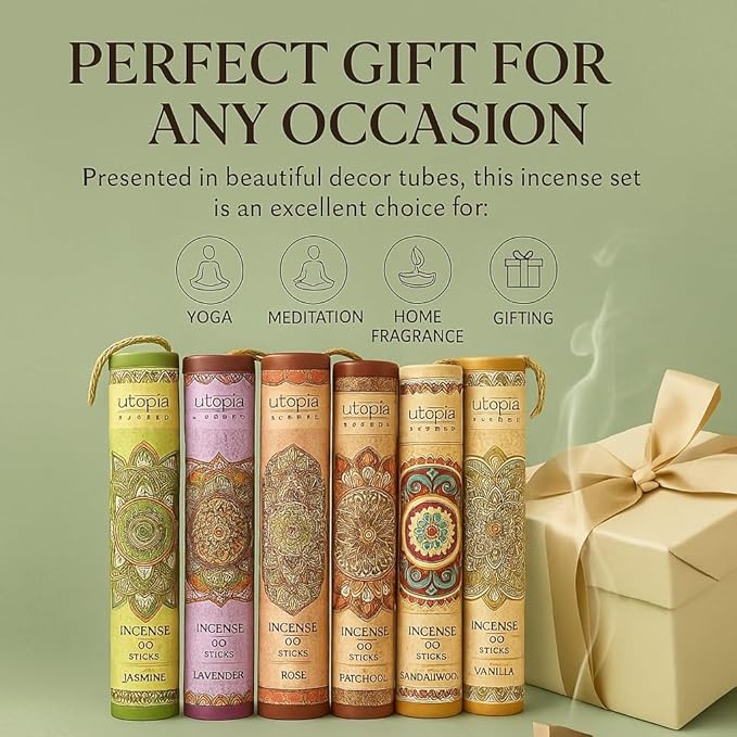 Premium Incense Sticks, Lavender, Sandalwood, Jasmine, Patchouli, Nag Champa, Vanilla, Variety Gift Pack 180 Sticks, Includes a Holder in Each Box