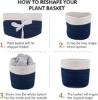 Cotton Rope Plant Basket Woven Baskets for 6" Pot Floor Indoor Planters,Rustic Home Decor H6 3/4" x W6 1/2" White Stitching Navy Blue