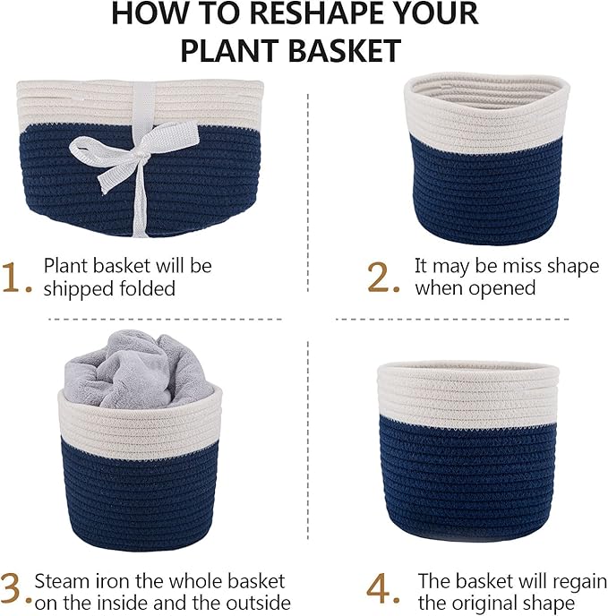 Cotton Rope Plant Basket Woven Baskets for 6" Pot Floor Indoor Planters,Rustic Home Decor H6 3/4" x W6 1/2" White Stitching Navy Blue