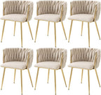 Nrizc Woven Dining Chairs Set of 6, Velvet Upholstered Dining Chairs with Gold Metal Legs, Modern Accent Chairs for Living Room, Dining Room, Kitchen (Beige)