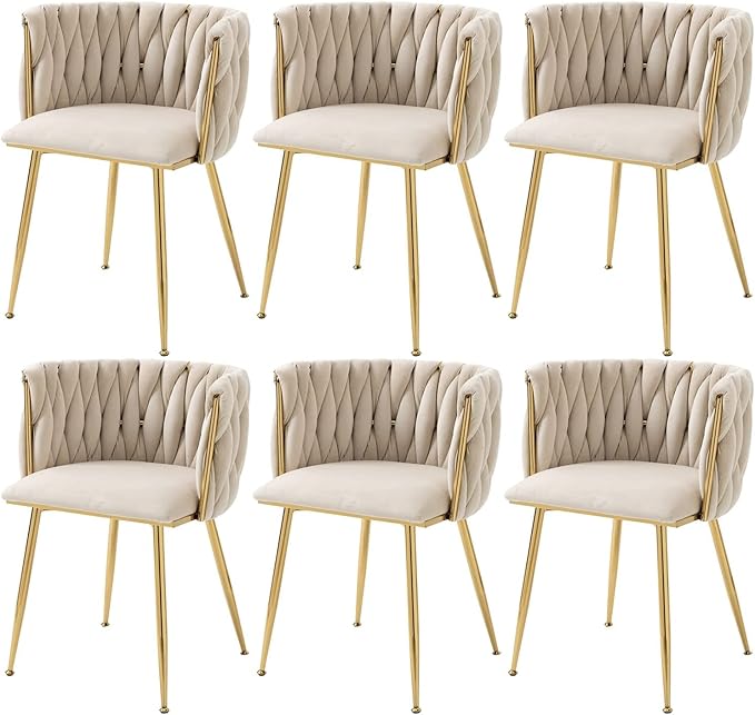 Nrizc Woven Dining Chairs Set of 6, Velvet Upholstered Dining Chairs with Gold Metal Legs, Modern Accent Chairs for Living Room, Dining Room, Kitchen (Beige)