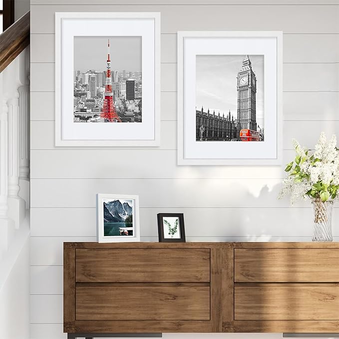 11x14 Picture Frames set of 3, Made of Glass and White Wooden Photo frame - Displays 8x10 Picture with Mat or 11 x 14 Poster without Mat, Wall Collage Frame set