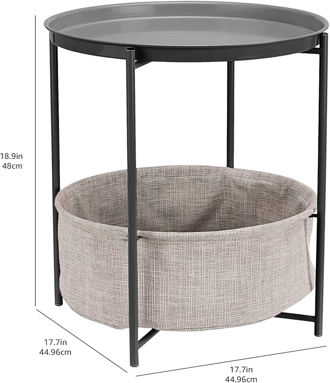 Amazon Basics Round Storage End Table, Side Table with Cloth Basket, Charcoal/Heather Gray, 17.7 x 17.7 x 18.9 in