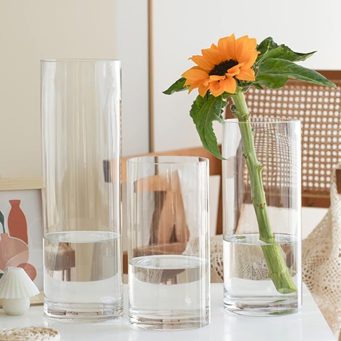 Glass Hurricane Candle Holder Esmiome - Cylinder Vases for Centerpieces 3 Sets (9Pcs) Hurricane Floating Candle Holder, Glass Vases for Flowers, Decorative for Home Wedding, 6'' + 8'' +10''(High)