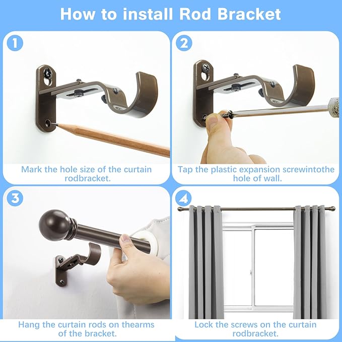 Curtain Rods for Windows 16 to 48 Inches, Curtain Rod Max Adjustable Length of 60 IN, 1" Diameter Drapery Rods Round Finials, Brown, Pack of 1