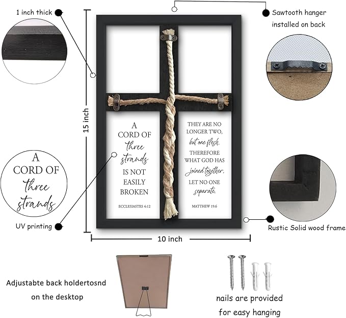 flowtorely A Cord of Three Strands Wedding Ceremony Unity Wall Decor 15"X10" Matthew 19 6 Christian Marriage Prayer Cross Sign Framed Wall Hanging Art (Black)