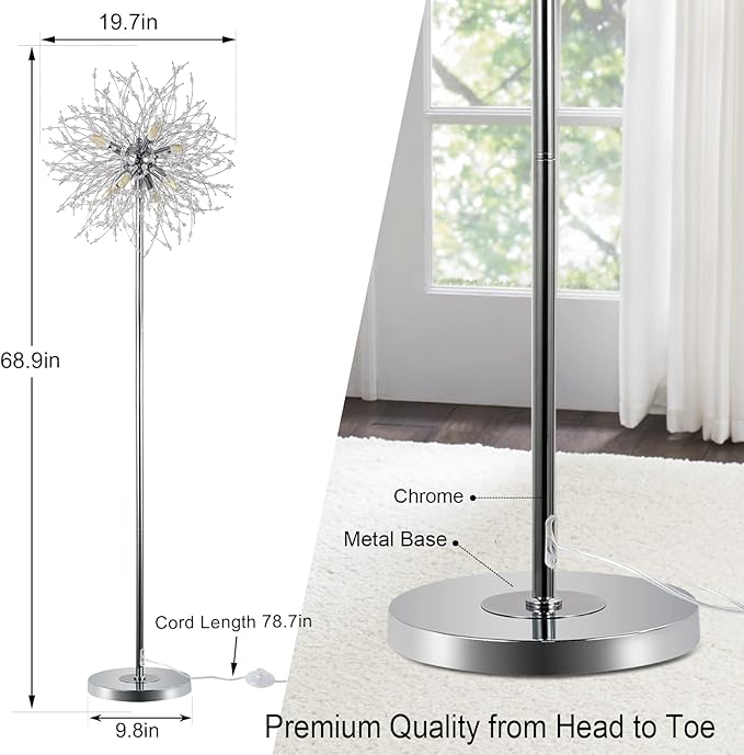 Airposta Crystal Floor Lamp - Elegant Standing Lamp, 69" Tall, Modern Design, 32 Firework Crystal Harnesses, Chrome Finish