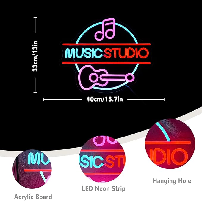Music Neon Sign for Wall Decor Music Studio Letter Neon Light Dimmable Guitar Neon Light Sign Pink Notes LED Sign for Recording Studio Concert Club Bar Bedroom